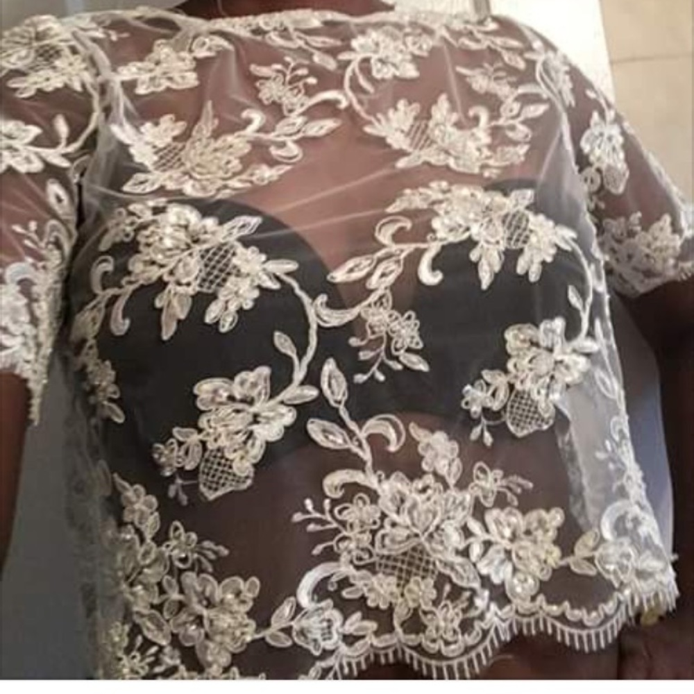 White Sequin Lace Crop Top Shirt